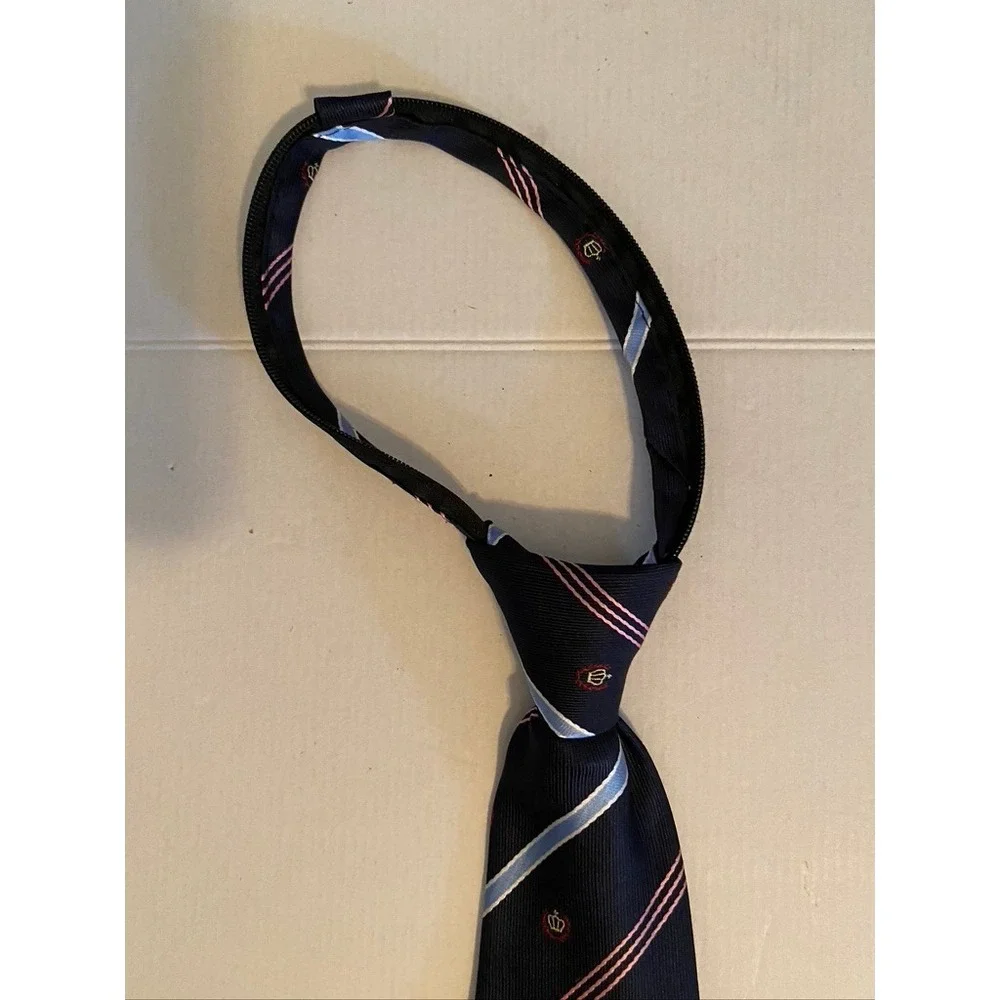 Kailong Mens Zipper Tie Navy Blue Striped Crown Crest Handmade Necktie